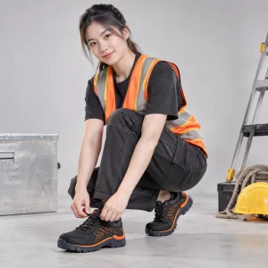 Giày bảo hộ công nghiệp lưới dệt thoáng màu đen phối cam đế chống đinh