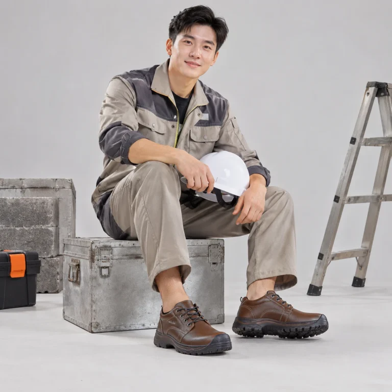 Giày bảo hộ siêu nhẹ da bò mềm màu nâu đế chống đinh