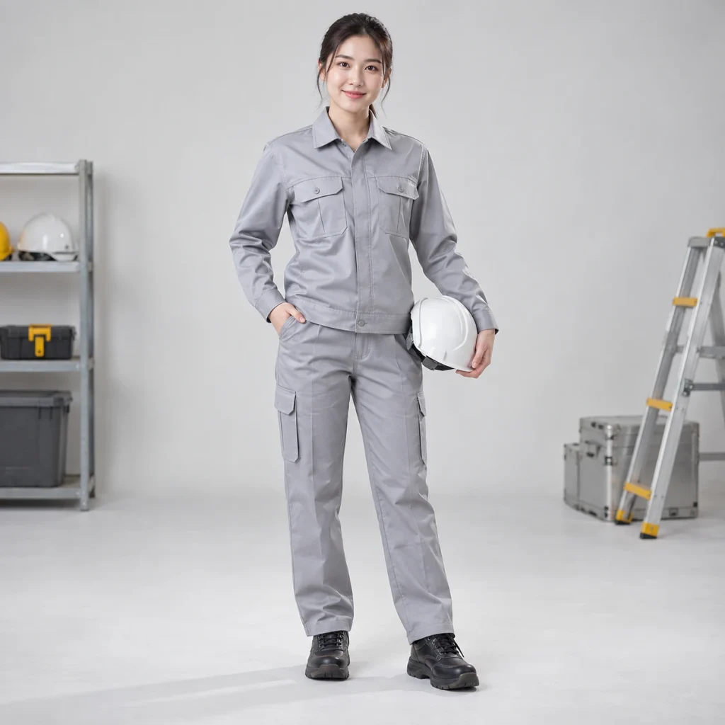 Áo bảo hộ kỹ sư vải kaki cotton màu ghi dài tay túi hộp