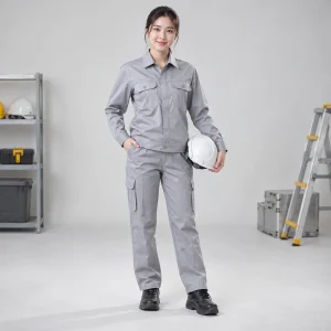 Áo bảo hộ kỹ sư vải kaki cotton màu ghi dài tay túi hộp