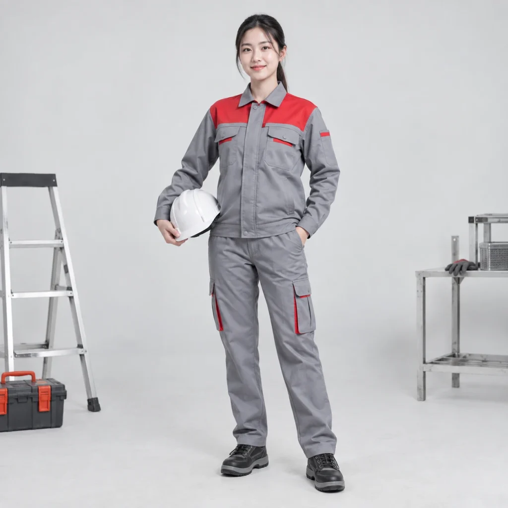 Áo bảo hộ kỹ sư vải canvas mềm màu ghi phối đỏ phối vai năng động