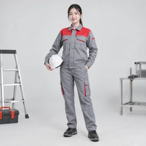 Áo bảo hộ kỹ sư vải canvas mềm màu ghi phối đỏ phối vai năng động
