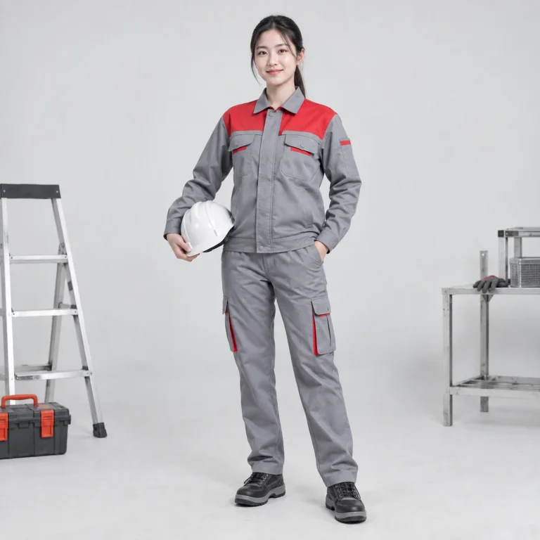 Áo bảo hộ kỹ sư vải canvas mềm màu ghi phối đỏ phối vai năng động