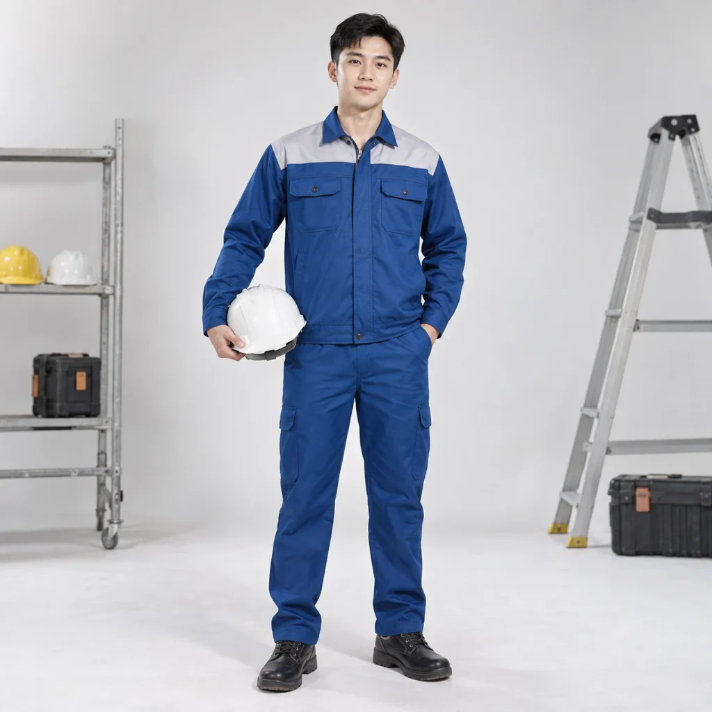 Áo bảo hộ công nhân vải trần bông màu xanh biển phối vai năng động