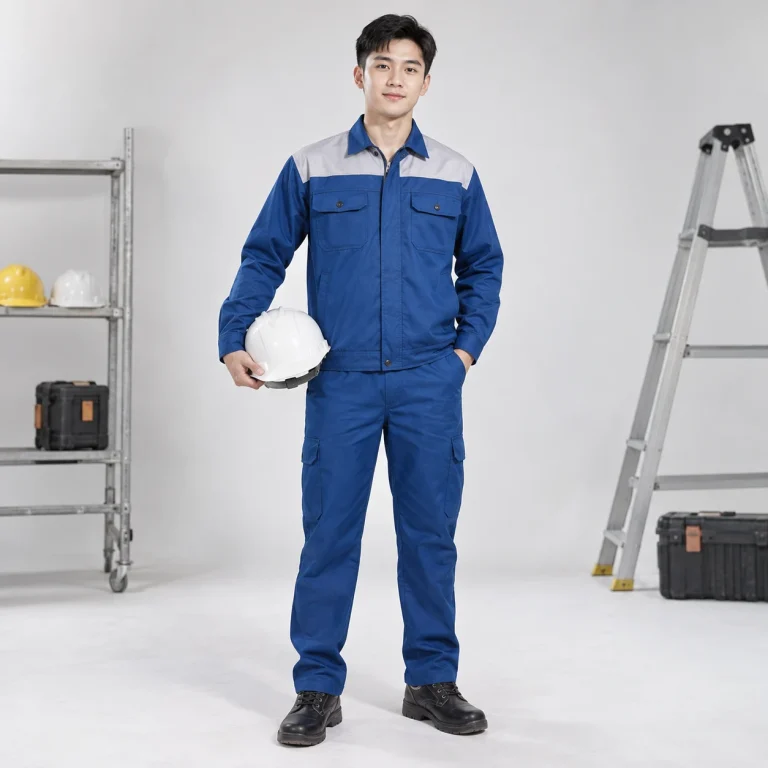 Áo bảo hộ công nhân vải trần bông màu xanh biển phối vai năng động