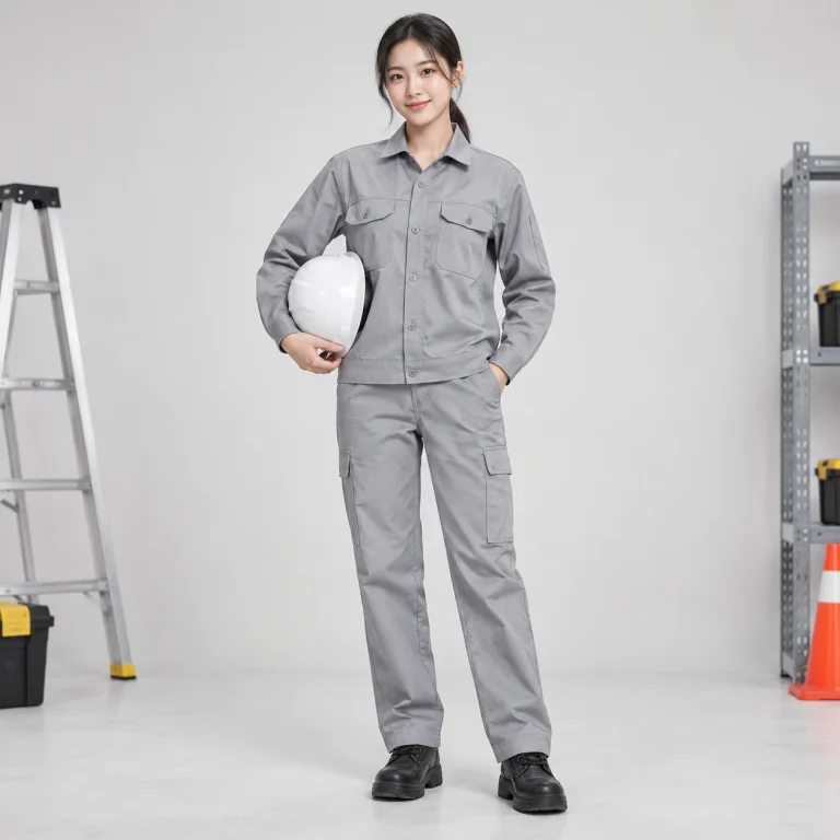 Áo bảo hộ công nhân vải kaki cotton màu ghi dài tay túi hộp