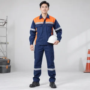 Áo bảo hộ phản quang cotton pha thoáng khí màu xanh phối cam dài tay túi hộp