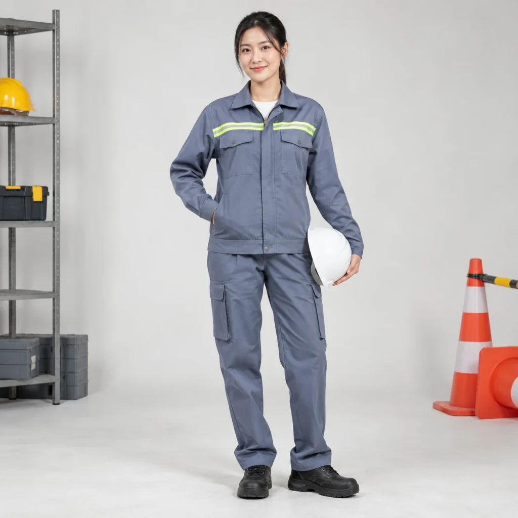 Áo khoác bảo hộ cotton pha thoáng khí màu xanh ghi dải phản quang