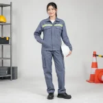 Áo khoác bảo hộ cotton pha thoáng khí màu xanh ghi dải phản quang