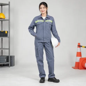 Áo khoác bảo hộ cotton pha thoáng khí màu xanh ghi dải phản quang