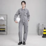 Áo khoác bảo hộ vải kaki cotton màu ghi dài tay túi hộp