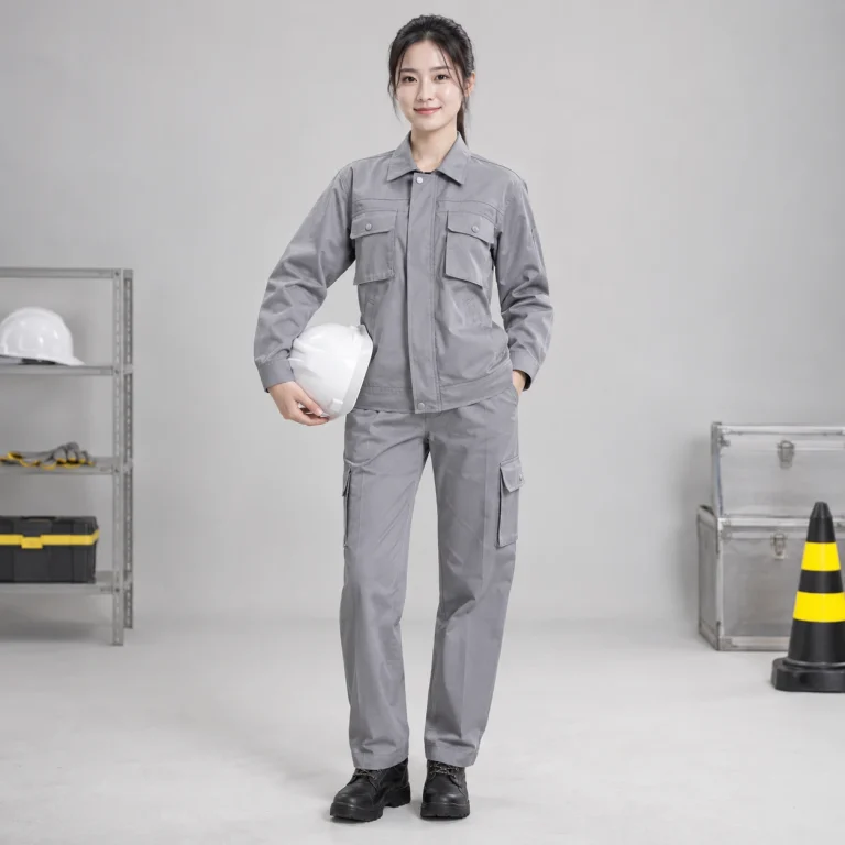 Áo khoác bảo hộ vải kaki cotton màu ghi dài tay túi hộp