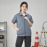 Áo phông đồng phục vải gió chống bụi màu xanh ghi khóa kéo tiện dụng