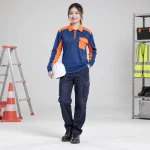 Áo phông đồng phục cotton pha thoáng khí màu xanh phối cam dài tay túi hộp