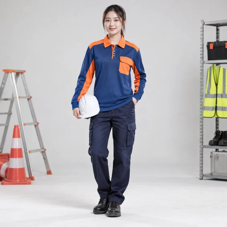 Áo phông đồng phục cotton pha thoáng khí màu xanh phối cam dài tay túi hộp