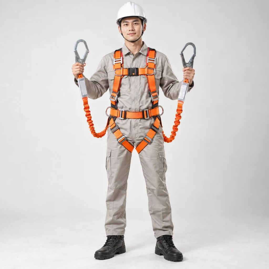 Dây an toàn toàn thân sợi dệt bản rộng màu cam hai móc chống sốc