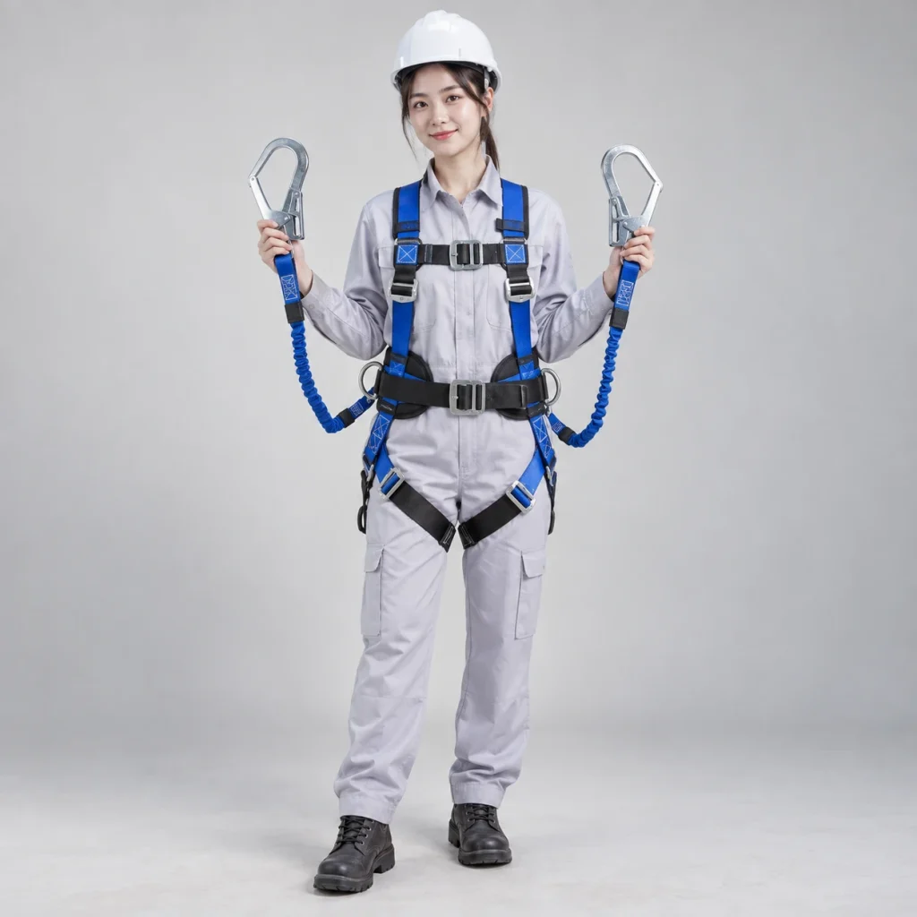 Dây an toàn toàn thân đai nylon chịu tải màu xanh phối đen móc lớn khóa kép