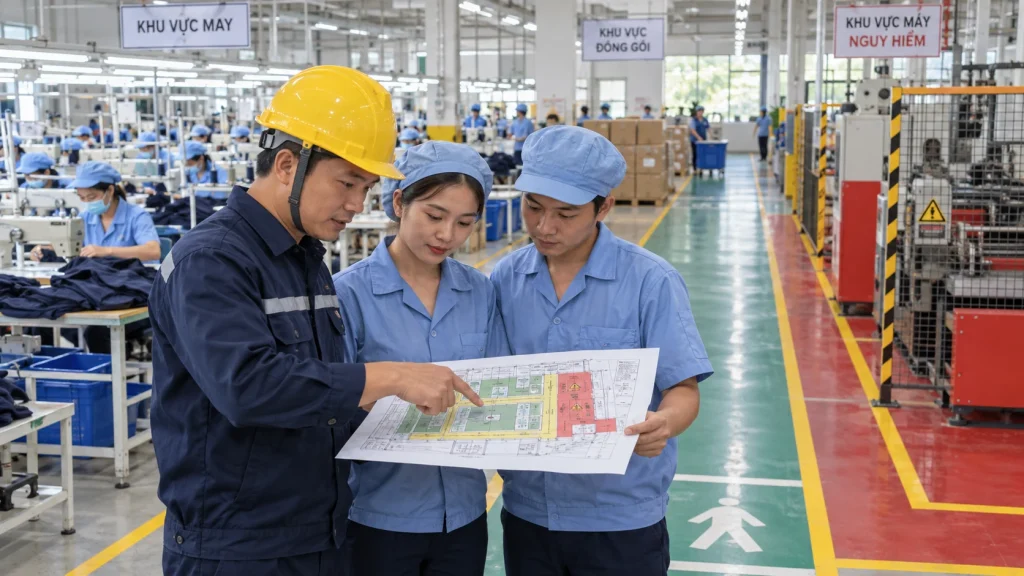Nhóm an toàn khảo sát các vùng rủi ro để chọn đồng phục bảo hộ