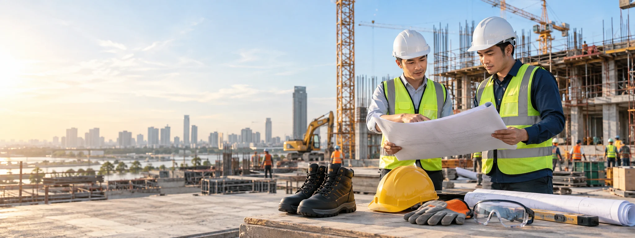 Kỹ sư công trường và thiết bị bảo hộ lao động