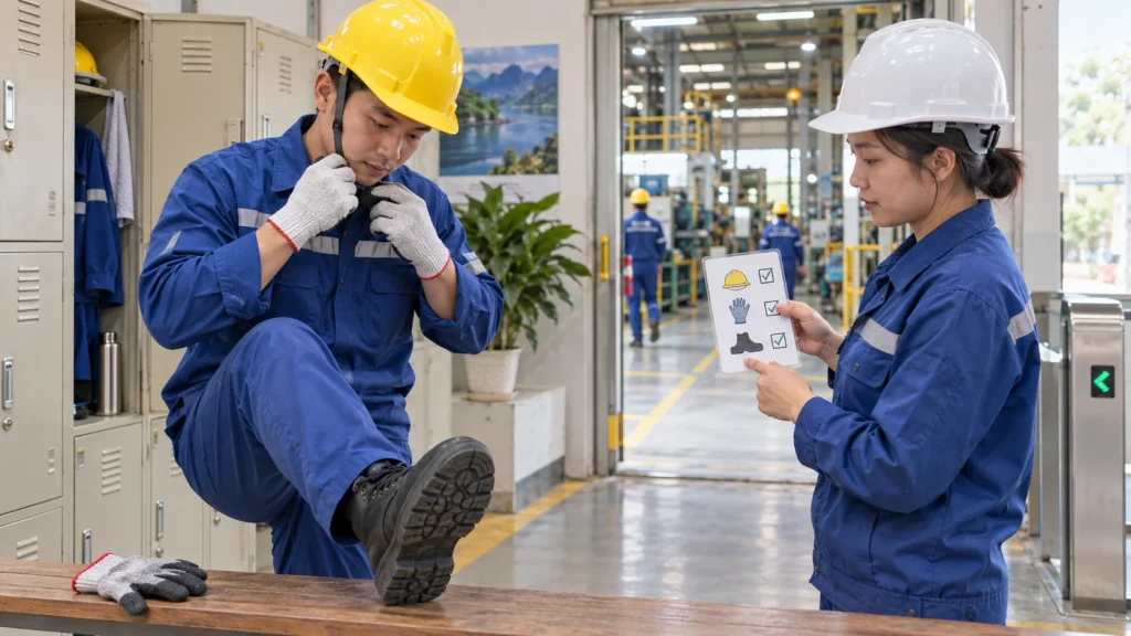 Công nhân kiểm tra mũ, găng tay và giày bảo hộ trước ca làm