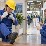 Công nhân kiểm tra mũ, găng tay và giày bảo hộ trước ca làm