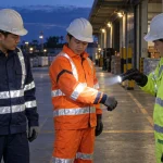 Công nhân ca đêm kiểm tra khả năng phản sáng của đồng phục