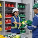 Tủ trang bị bảo hộ được sắp xếp theo màu cho từng khu vực