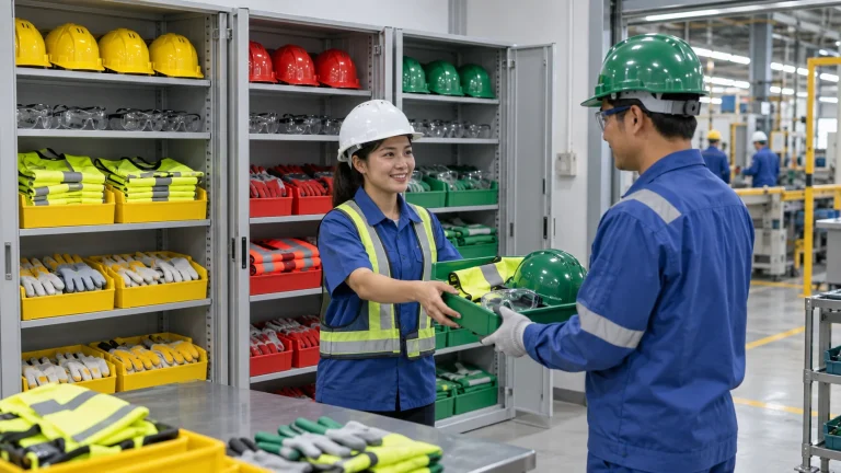Tủ trang bị bảo hộ được sắp xếp theo màu cho từng khu vực