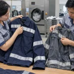 Kỹ thuật viên kiểm tra đường may và phản quang trên đồng phục bảo hộ