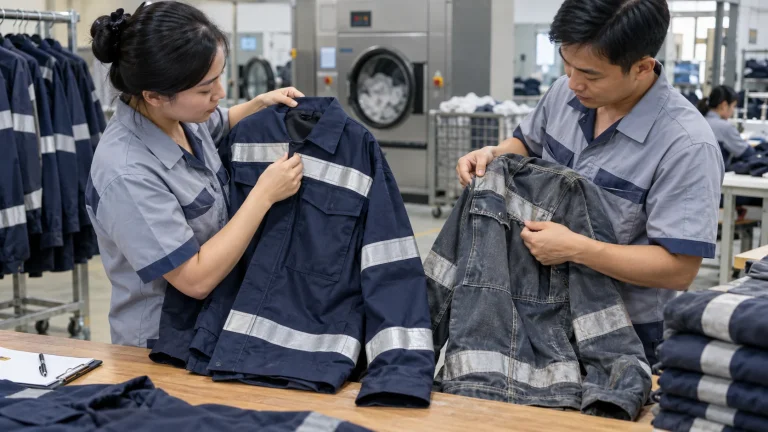 Kỹ thuật viên kiểm tra đường may và phản quang trên đồng phục bảo hộ